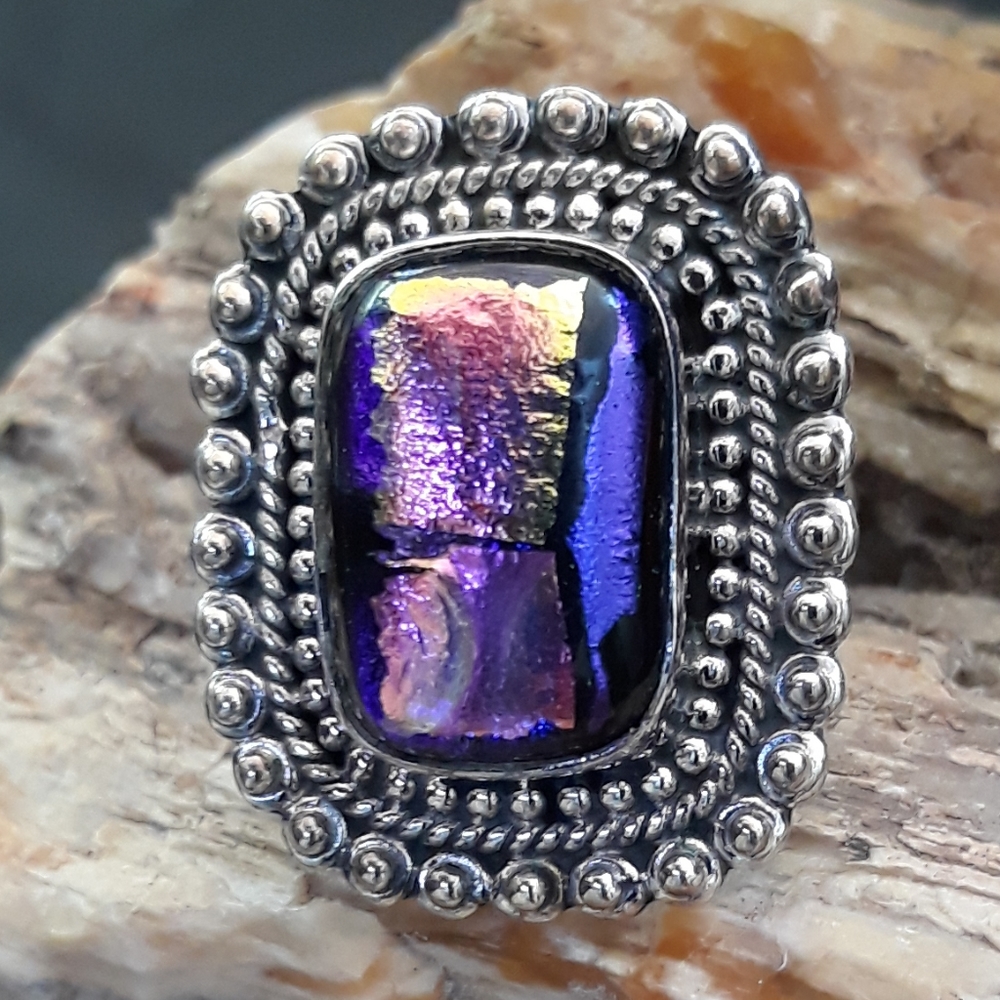 Dichroic Glass In Oxidized Silver Ring